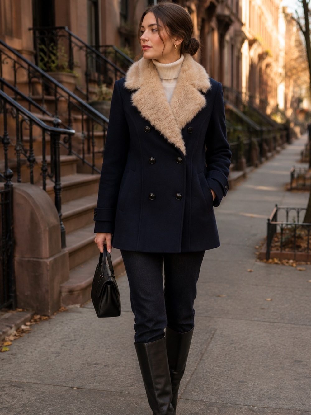 Zara Navy Wool Blend Peacoat w/ Detachable Faux Fur Collar L